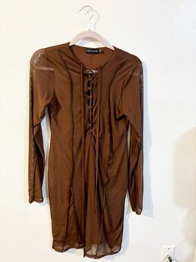 PrettyLittleThing Brown Lace-Up Long Sleeve Mesh Dress